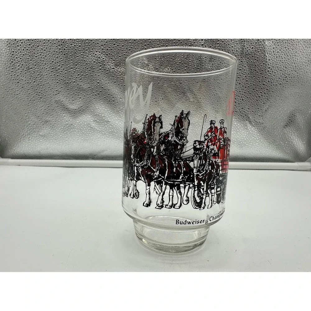 Vintage Budweiser Champion‎ Clydesdales Beer Glass Spivey Graphic Clear 16oz